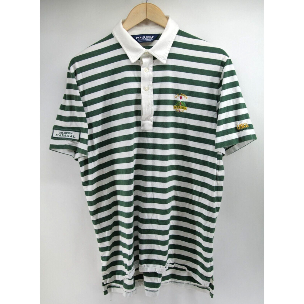 Ralph‎ Lauren Golf Polo Men's L Striped US Open Marion Marshal Patch Green White